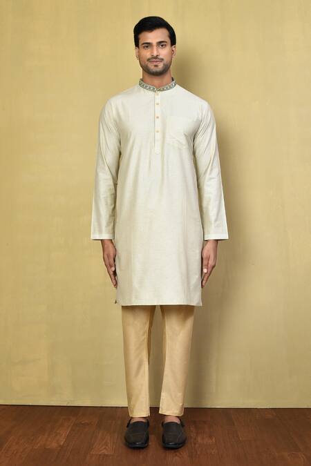 Shop_Arihant Rai Sinha_Cream Cotton Embroidery Collar Kurta And Pyjama Set _Online_at_Aza_Fashions