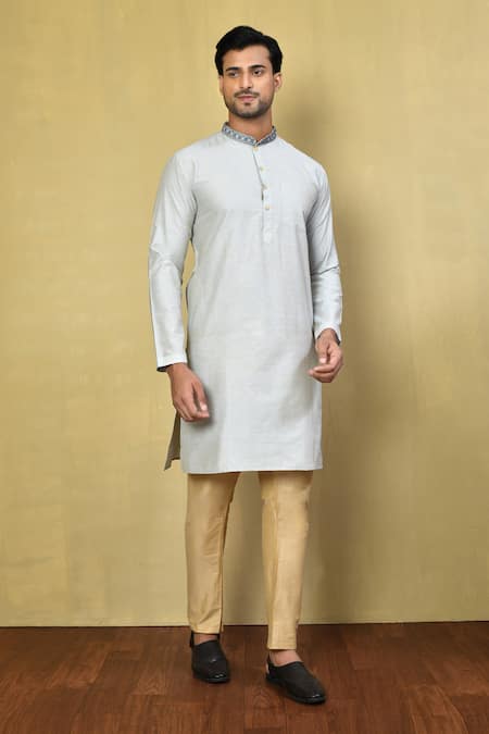 Arihant Rai Sinha Grey Cotton Self Design Band Collar Kurta And Pyjama Set 