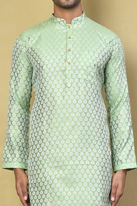 Shop_Arihant Rai Sinha_Green Jacquard, Cotton Embroidery Full Sleeve Woven Kurta Set _Online_at_Aza_Fashions