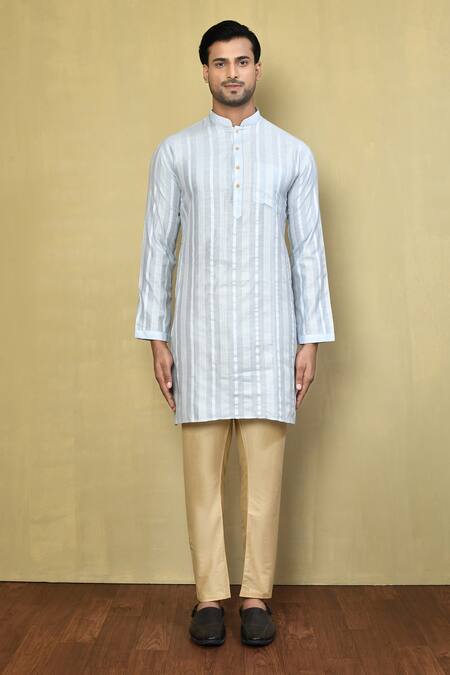 Buy_Arihant Rai Sinha_Grey Cotton, Jacquard Stripe Woven Kurta And Pyjama Set_Online_at_Aza_Fashions