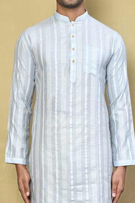 Shop_Arihant Rai Sinha_Grey Cotton, Jacquard Stripe Woven Kurta And Pyjama Set_Online_at_Aza_Fashions