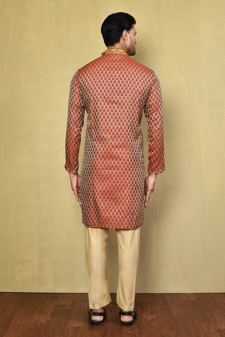 Shop Arihant Rai Sinha Red Cotton, Jacquard Abstract Pattern Kurta With Pyjama at Aza Fashions Shop_Arihant Rai Sinha_Red Cotton, Jacquard Abstract Pattern Kurta With Pyjama _at_Aza_Fashions