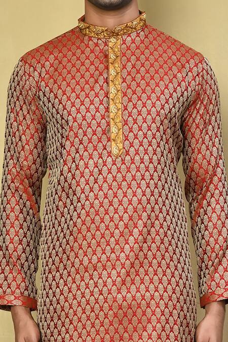 Buy Arihant Rai Sinha Red Cotton, Jacquard Abstract Pattern Kurta With Pyjama Online at Aza Fashions Buy_Arihant Rai Sinha_Red Cotton, Jacquard Abstract Pattern Kurta With Pyjama _Online_at_Aza_Fashions