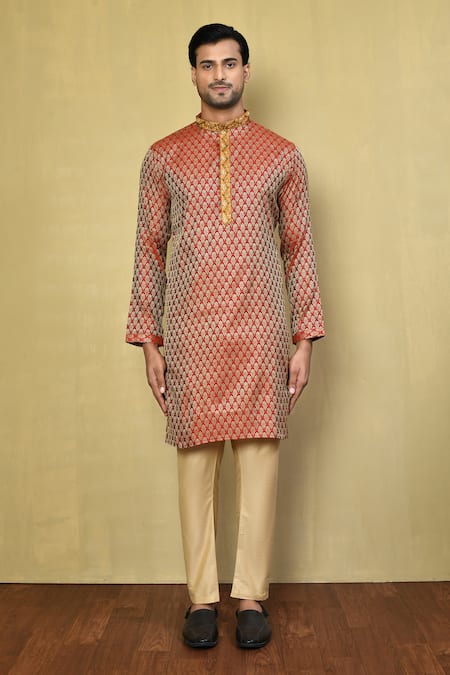 Shop Arihant Rai Sinha Red Cotton, Jacquard Abstract Pattern Kurta With Pyjama Online at Aza Fashions Shop_Arihant Rai Sinha_Red Cotton, Jacquard Abstract Pattern Kurta With Pyjama _Online_at_Aza_Fashions