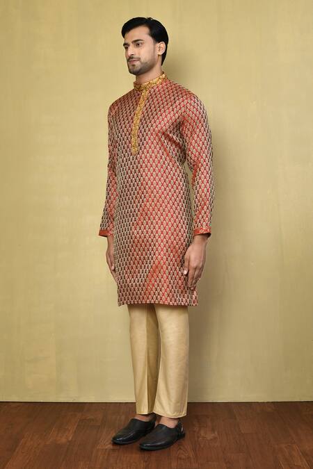 Arihant Rai Sinha Red Cotton, Jacquard Abstract Pattern Kurta With Pyjama at Aza Fashions Arihant Rai Sinha_Red Cotton, Jacquard Abstract Pattern Kurta With Pyjama _at_Aza_Fashions