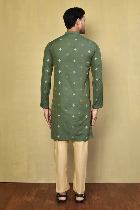 Shop Arihant Rai Sinha Green Cotton Plus Print Kurta With Pyjama at Aza Fashions Shop_Arihant Rai Sinha_Green Cotton Plus Print Kurta With Pyjama_at_Aza_Fashions