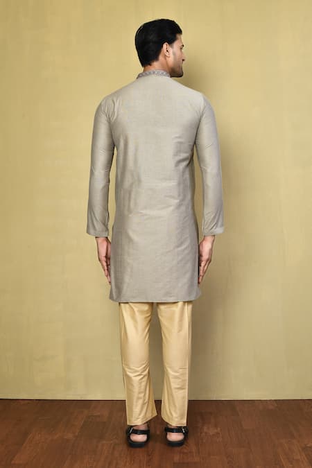 Shop Arihant Rai Sinha Grey Cotton Embroidery Neck Straight Kurta With Pyjama at Aza Fashions Shop_Arihant Rai Sinha_Grey Cotton Embroidery Neck Straight Kurta With Pyjama _at_Aza_Fashions