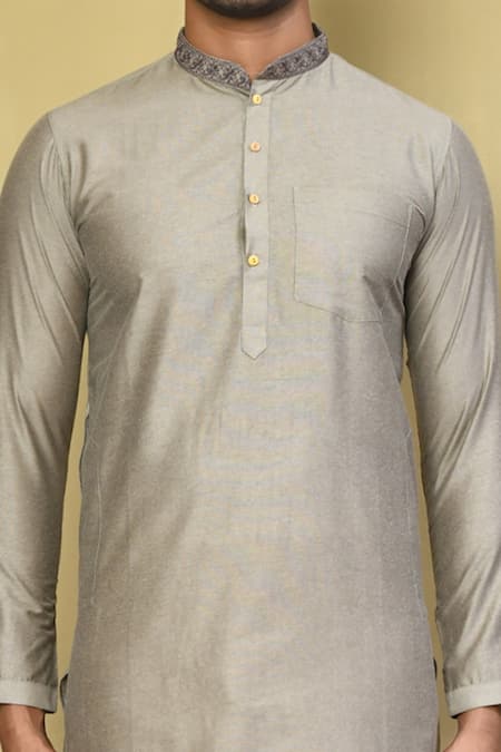 Buy Arihant Rai Sinha Grey Cotton Embroidery Neck Straight Kurta With Pyjama Online at Aza Fashions Buy_Arihant Rai Sinha_Grey Cotton Embroidery Neck Straight Kurta With Pyjama _Online_at_Aza_Fashions
