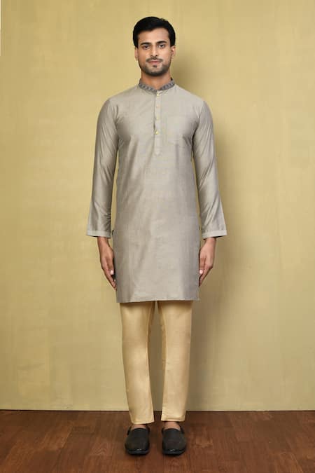Shop Arihant Rai Sinha Grey Cotton Embroidery Neck Straight Kurta With Pyjama Online at Aza Fashions Shop_Arihant Rai Sinha_Grey Cotton Embroidery Neck Straight Kurta With Pyjama _Online_at_Aza_Fashions