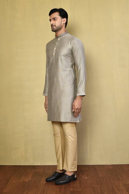 Arihant Rai Sinha Grey Cotton Embroidery Neck Straight Kurta With Pyjama at Aza Fashions Arihant Rai Sinha_Grey Cotton Embroidery Neck Straight Kurta With Pyjama _at_Aza_Fashions