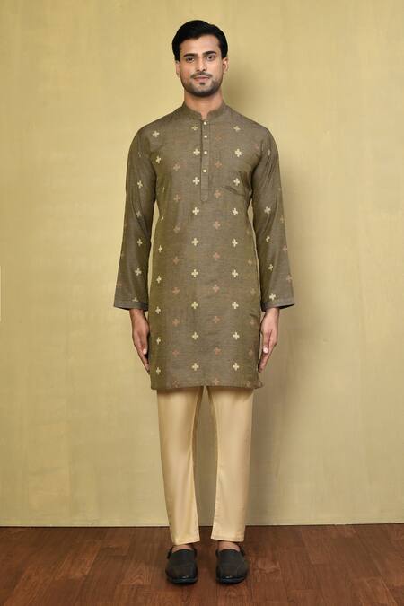 Shop_Arihant Rai Sinha_Green , Satin Straight Plus Print Kurta With Pyjama _Online_at_Aza_Fashions