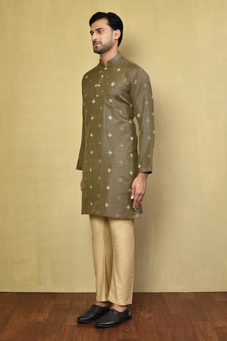 Arihant Rai Sinha_Green , Satin Straight Plus Print Kurta With Pyjama _at_Aza_Fashions