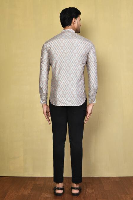 Shop_Arihant Rai Sinha_Grey Cotton Ikat Print Short Kurta _at_Aza_Fashions