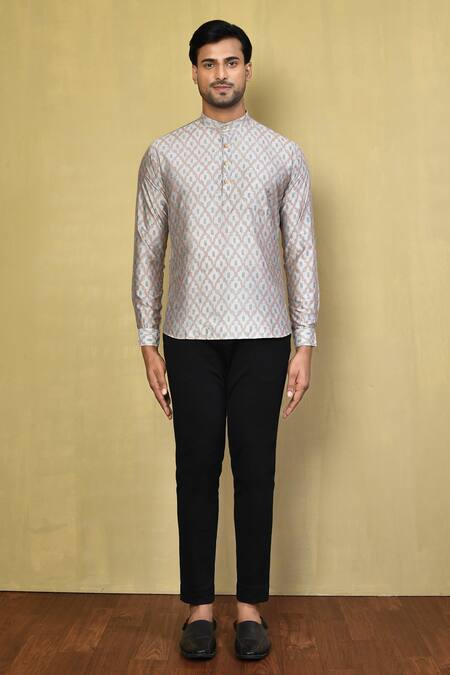 Arihant Rai Sinha_Grey Cotton Ikat Print Short Kurta _Online_at_Aza_Fashions