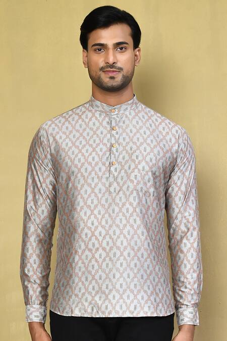 Buy_Arihant Rai Sinha_Grey Cotton Ikat Print Short Kurta _Online_at_Aza_Fashions