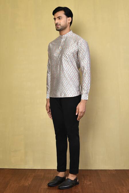 Shop_Arihant Rai Sinha_Grey Cotton Ikat Print Short Kurta _Online_at_Aza_Fashions