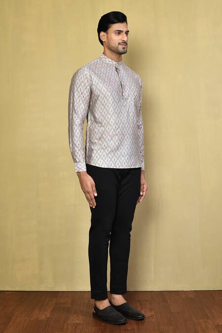Arihant Rai Sinha_Grey Cotton Ikat Print Short Kurta _at_Aza_Fashions