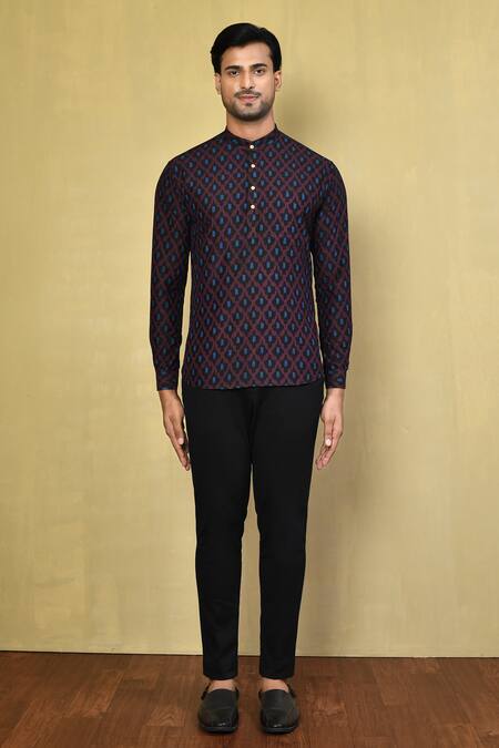 Arihant Rai Sinha_Purple Cotton Ikat Pattern Short Kurta_Online_at_Aza_Fashions