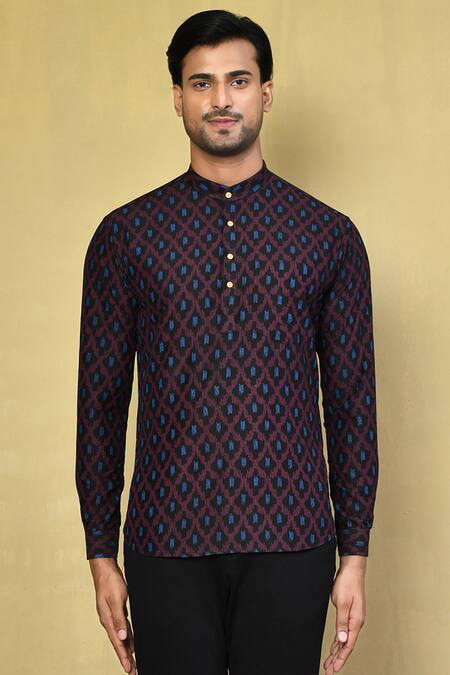 Buy_Arihant Rai Sinha_Purple Cotton Ikat Pattern Short Kurta_Online_at_Aza_Fashions
