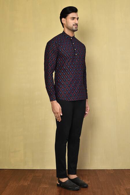 Arihant Rai Sinha_Purple Cotton Ikat Pattern Short Kurta_at_Aza_Fashions