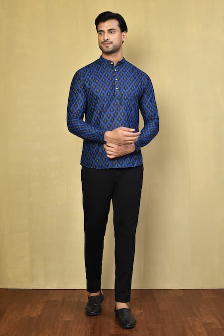 Arihant Rai Sinha Blue Cotton Printed Ikat Straight Short Kurta 