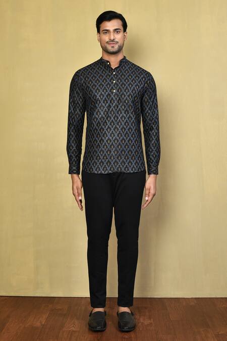Arihant Rai Sinha_Black Cotton Jaal Print Short Kurta _Online_at_Aza_Fashions