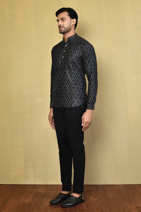 Shop_Arihant Rai Sinha_Black Cotton Jaal Print Short Kurta _Online_at_Aza_Fashions