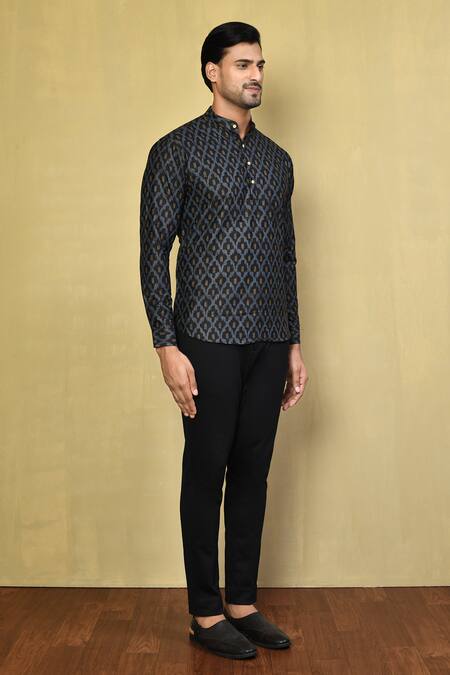Arihant Rai Sinha_Black Cotton Jaal Print Short Kurta _at_Aza_Fashions