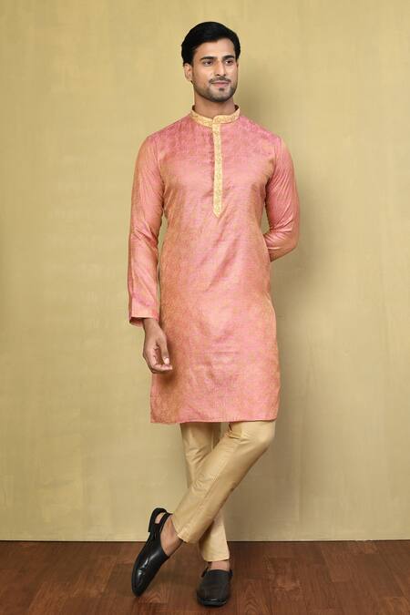 Arihant Rai Sinha Pink Jacquard, Cotton Embroidery Floral Woven Kurta And Pyjama Set 