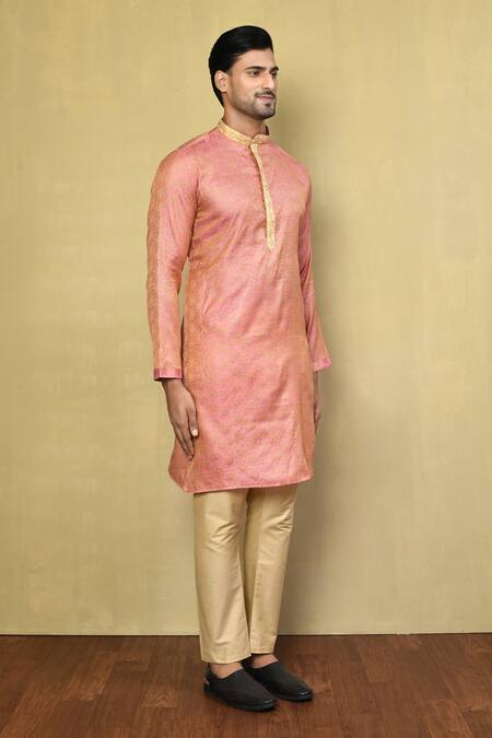 Arihant Rai Sinha Pink Jacquard, Cotton Embroidery Floral Woven Kurta And Pyjama Set at Aza Fashions Arihant Rai Sinha_Pink Jacquard, Cotton Embroidery Floral Woven Kurta And Pyjama Set _at_Aza_Fashions