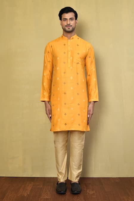 Shop_Arihant Rai Sinha_Yellow , Satin Jacquard Kurta Set_Online_at_Aza_Fashions