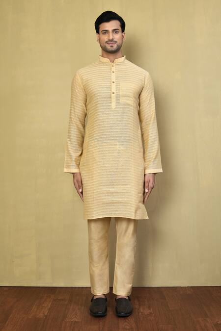 Shop_Arihant Rai Sinha_Cream Cotton Striped Pattern Kurta Set_Online_at_Aza_Fashions