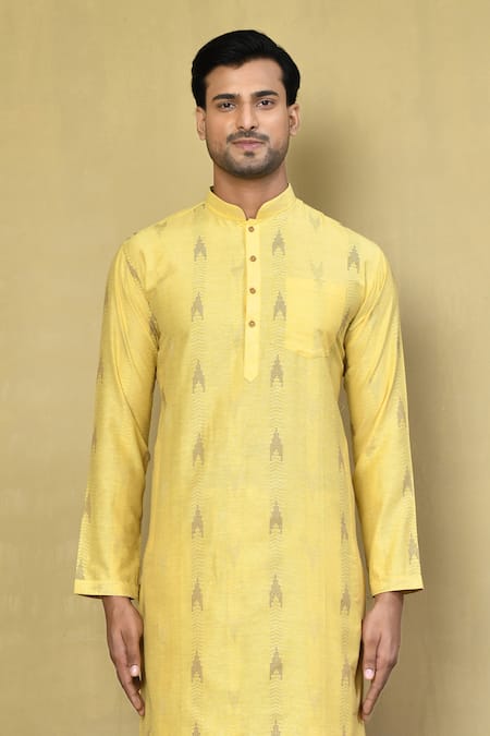 Arihant Rai Sinha Yellow , Satin Jacquard Kurta And Beige Pyjama Set Online at Aza Fashions Arihant Rai Sinha_Yellow , Satin Jacquard Kurta And Beige Pyjama Set_Online_at_Aza_Fashions