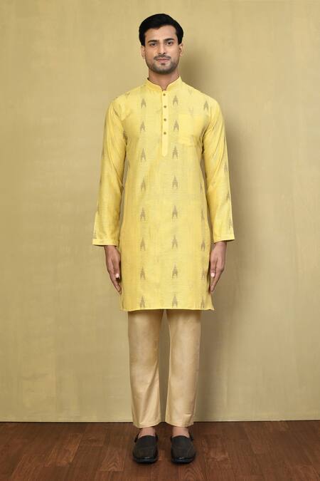 Shop_Arihant Rai Sinha_Yellow , Satin Jacquard Kurta And Beige Pyjama Set_Online_at_Aza_Fashions