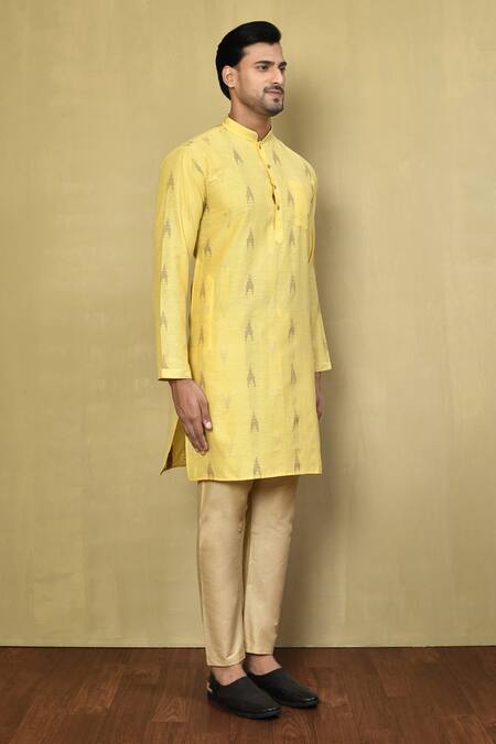 Arihant Rai Sinha_Yellow , Satin Jacquard Kurta And Beige Pyjama Set_at_Aza_Fashions