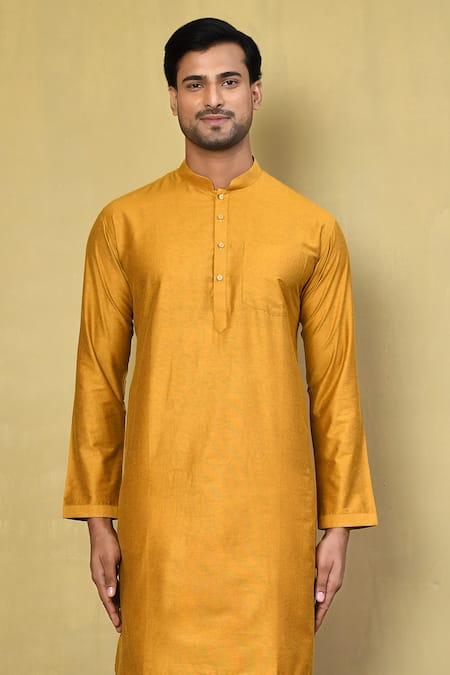 Buy_Arihant Rai Sinha_Yellow Cotton Solid Kurta Set _Online_at_Aza_Fashions