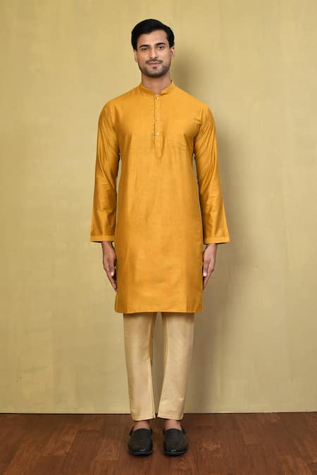 Shop_Arihant Rai Sinha_Yellow Cotton Solid Kurta Set _Online_at_Aza_Fashions