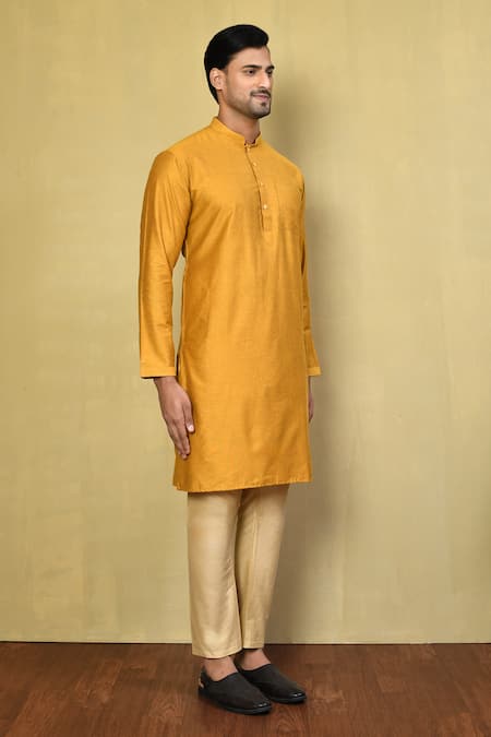 Arihant Rai Sinha_Yellow Cotton Solid Kurta Set _at_Aza_Fashions