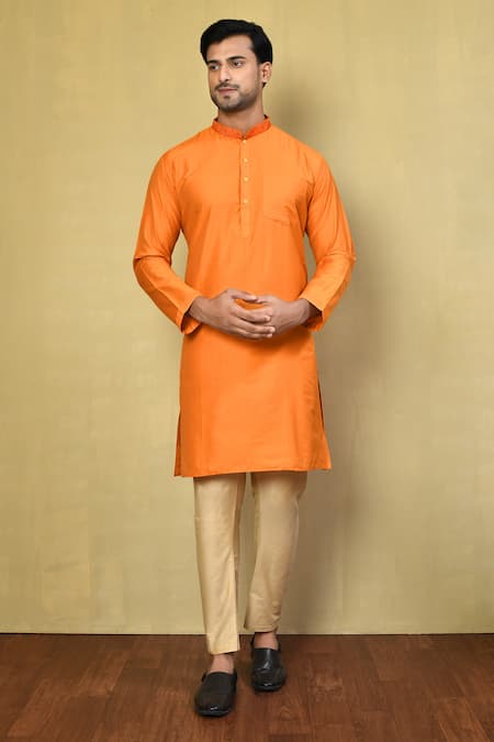 Arihant Rai Sinha Orange Cotton Plain Embroidered Neck Kurta Set