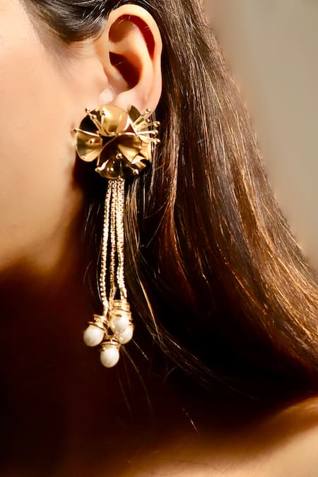 Large Vintage Diamond & Ruby Flower Earrings 18K Yellow Gold