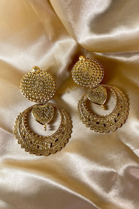 Raga Baubles_Gold Plated Cut Work Mughal Art Carved Earrings _Online_at_Aza_Fashions