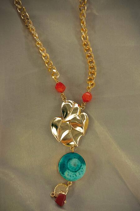 Raga Baubles_Gold Plated Heart And Leaf Drop Necklace _Online_at_Aza_Fashions