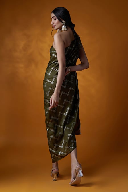 Shop Meghna Shah Green Silk Embroidery One Shoulder Floral Print Dress at Aza Fashions Shop_Meghna Shah_Green Silk Embroidery One Shoulder Floral Print Dress _at_Aza_Fashions