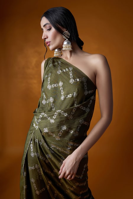 Meghna Shah Green Silk Embroidery One Shoulder Floral Print Dress Online at Aza Fashions Meghna Shah_Green Silk Embroidery One Shoulder Floral Print Dress _Online_at_Aza_Fashions