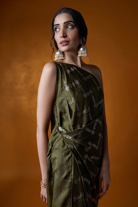 Buy Meghna Shah Green Silk Embroidery One Shoulder Floral Print Dress Online at Aza Fashions Buy_Meghna Shah_Green Silk Embroidery One Shoulder Floral Print Dress _Online_at_Aza_Fashions