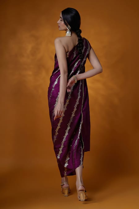 Shop Meghna Shah Wine Silk Embroidery One Shoulder Floral Jaal Print Dress at Aza Fashions Shop_Meghna Shah_Wine Silk Embroidery One Shoulder Floral Jaal Print Dress _at_Aza_Fashions