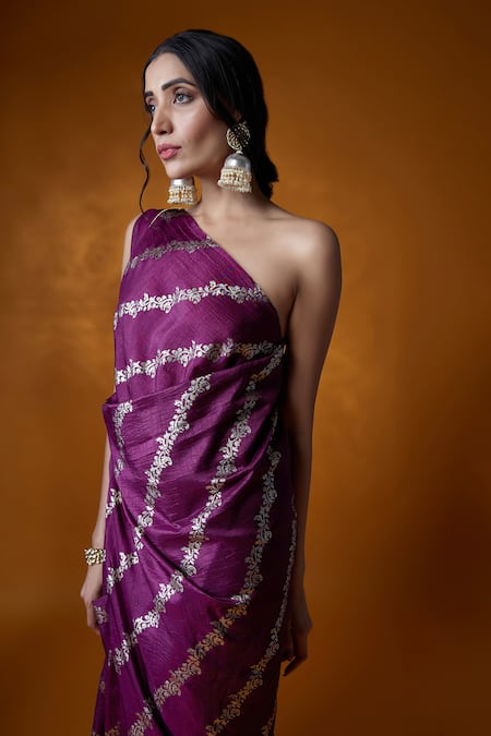 Meghna Shah Wine Silk Embroidery One Shoulder Floral Jaal Print Dress Online at Aza Fashions Meghna Shah_Wine Silk Embroidery One Shoulder Floral Jaal Print Dress _Online_at_Aza_Fashions