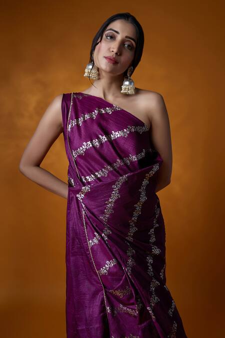 Buy Meghna Shah Wine Silk Embroidery One Shoulder Floral Jaal Print Dress Online at Aza Fashions Buy_Meghna Shah_Wine Silk Embroidery One Shoulder Floral Jaal Print Dress _Online_at_Aza_Fashions