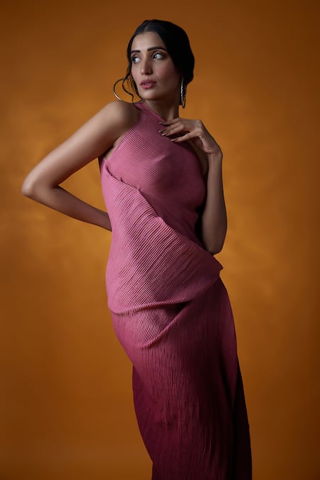 Meghna Shah_Wine One Shoulder Textured Ombre Dress _Online_at_Aza_Fashions