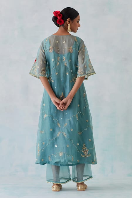 Shop Ikshita Choudhary Blue Chanderi, Tissue Sequins, Beads, Zari, Floral Kurta And Flared Pant Set at Aza Fashions Shop_Ikshita Choudhary_Blue Chanderi, Tissue Sequins, Beads, Zari, Floral Kurta And Flared Pant Set _at_Aza_Fashions